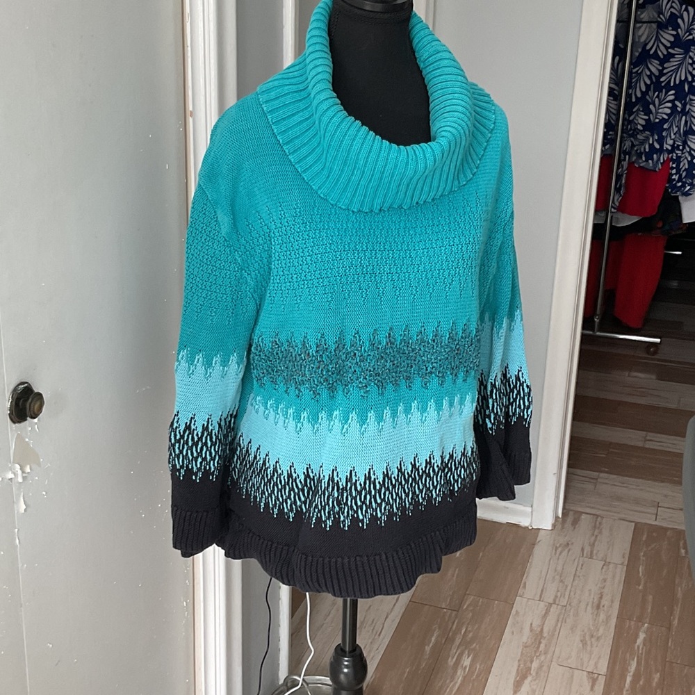 P466. Vintage Parkhurst Teal to Light Blue Ombre Cowl Neck Sweater
